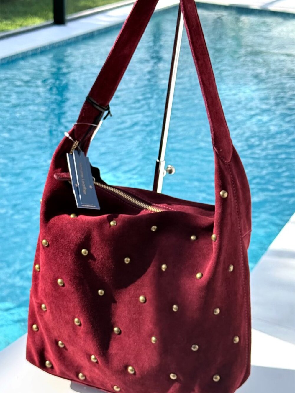 Silviano Suede Shoulder Bag with brass studs in wine Gorgeous Made In Italy NWT